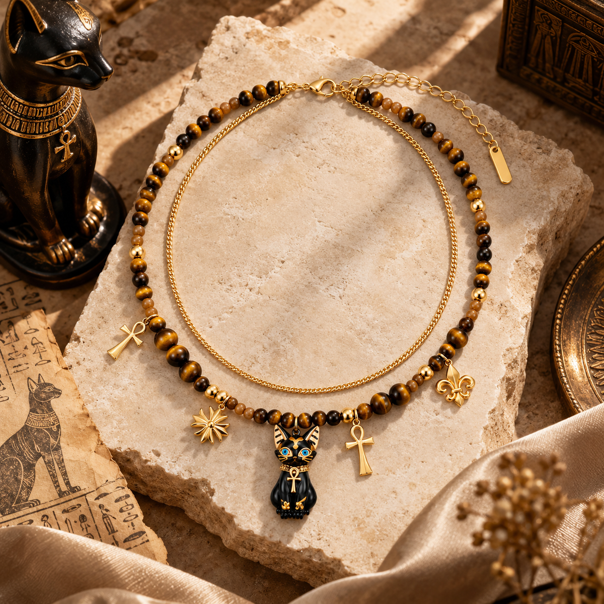 Gemcendra SUMIYAKI Bastet Tiger Eye Charm Layered Necklace