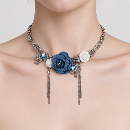 Gemcendra Partm Midnight Bloom Blue Rose Statement Necklace