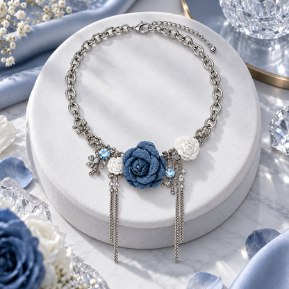 Gemcendra Partm Midnight Bloom Blue Rose Statement Necklace