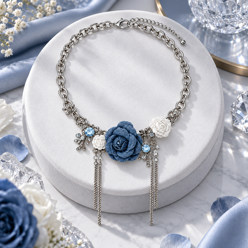 Gemcendra Partm Midnight Bloom Blue Rose Statement Necklace